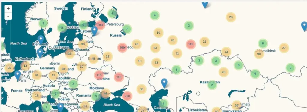 Распределение студентов по России и ближайшим странам